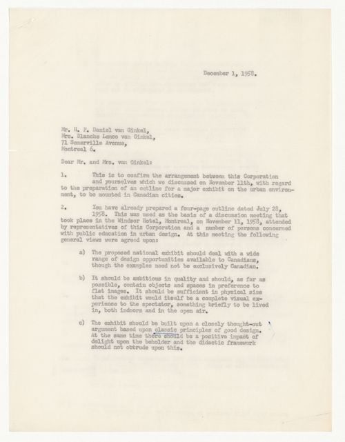 Contract offer between H. P. Daniel van Ginkel, Blanche Lemco van Ginkel and Humphrey Carver for CMHC Exhibition