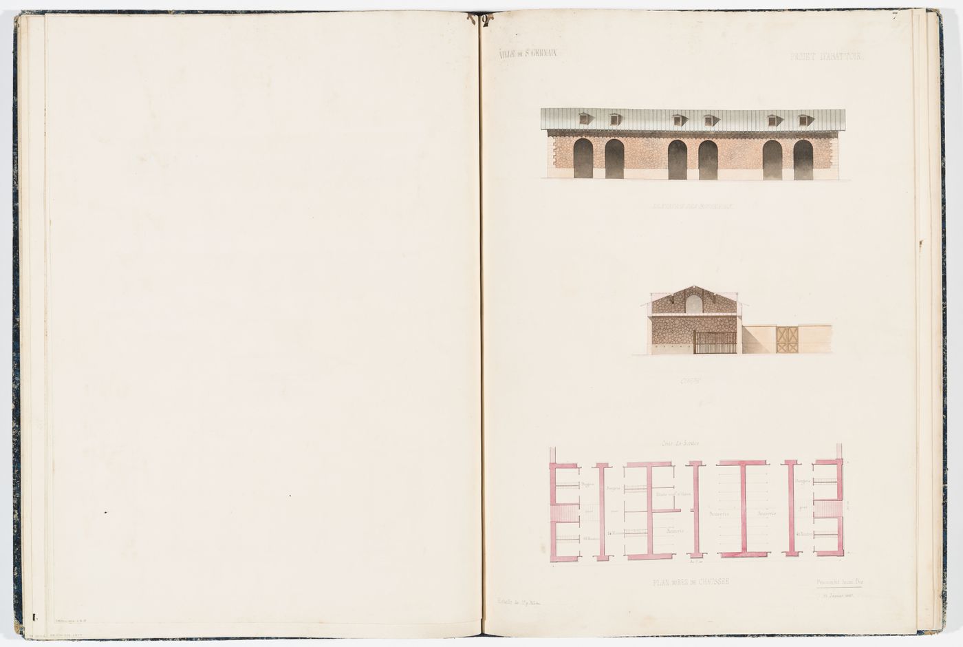 Plan, section, and elevation for the "bouveries"