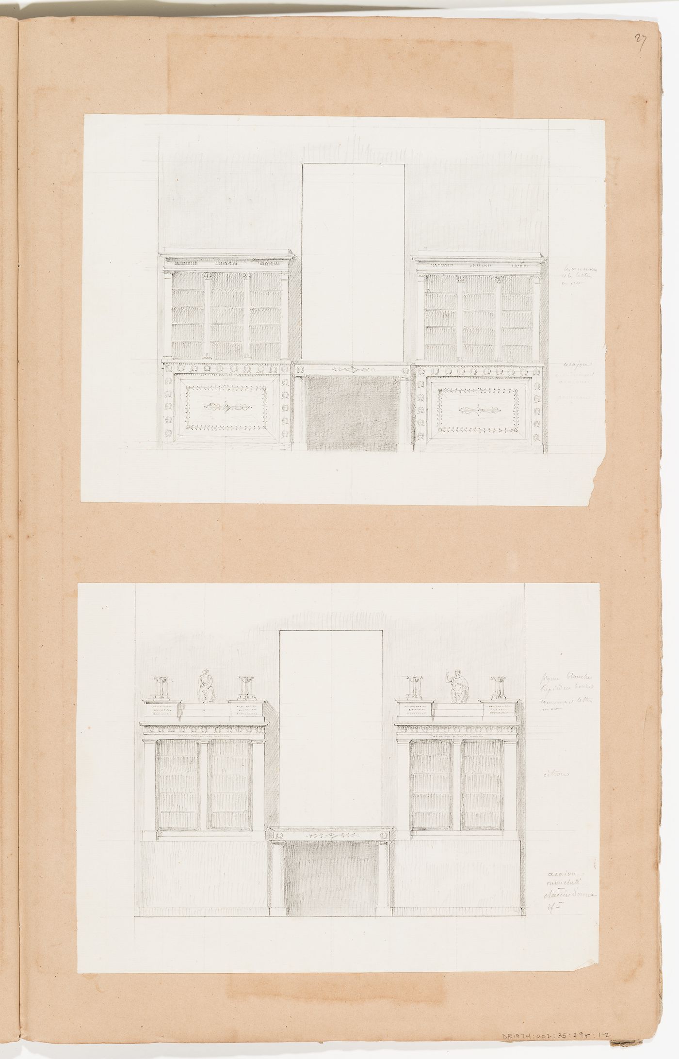 Interior wall elevations showing furniture; verso: Interior wall elevation showing a framed opening, possibly a bed alcove