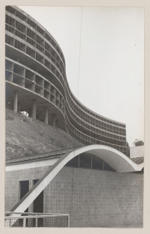 View of gymnasium, under construction, Pedregulho, Rio de Janeiro, Brazil
