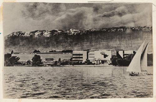 Projet pour le Palais des Nations à Genève. Vue prise du Lac. Le Corbusier et P. Jeanneret, architectes à Paris