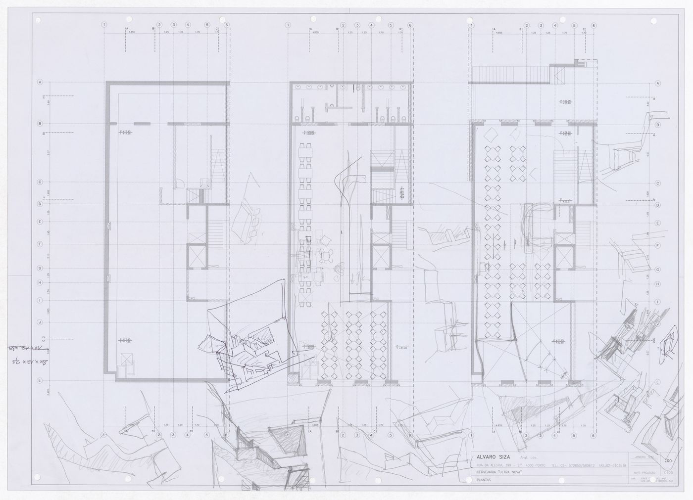 Plans and sketch axonometric views for Nova Cervejaria, Lisbon, Portugal