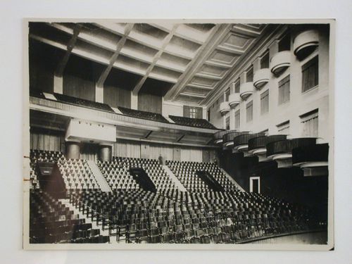Interior view of Spectators' Hall showing tiered seating and boxes, Gorki Palace of Culture, Leningrad (now Saint Petersburg)
