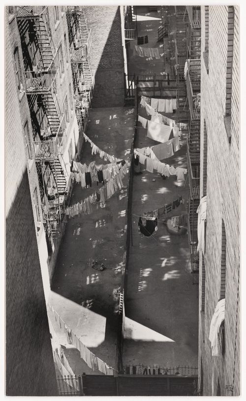Looking down at hanging laundry lines criss-crossing the courtyard, New York City, New York
