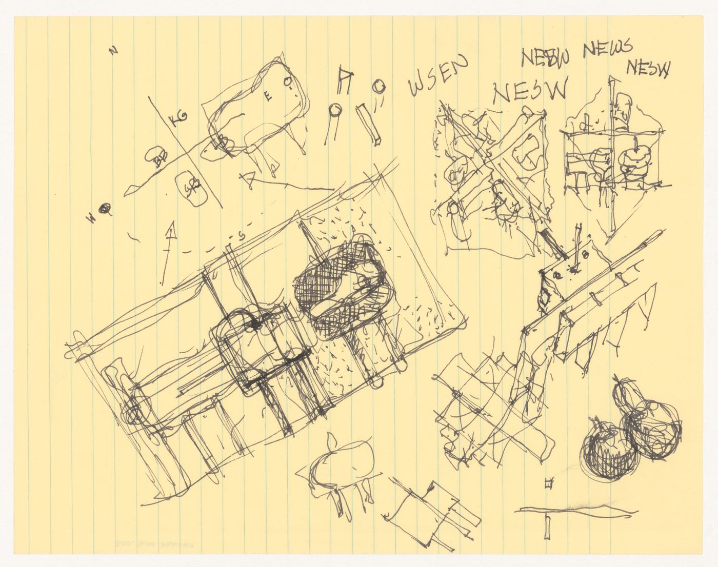 Sketches with annotations for North East South West House