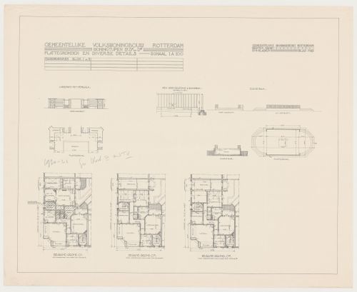 Ground floor plans for type D1 - D3 housing units, elevation and plan for sheds and plans, sections and elevation for a sandbox for Blocks 1 and 2, Tusschendijken Housing Estate, Rotterdam, Netherlands