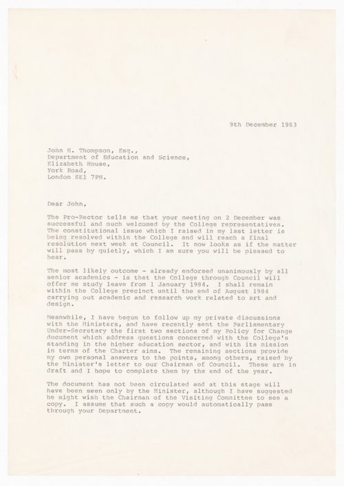 Correspondence from Lionel March to John Thompson regarding resignation from the Royal College of Art, London
