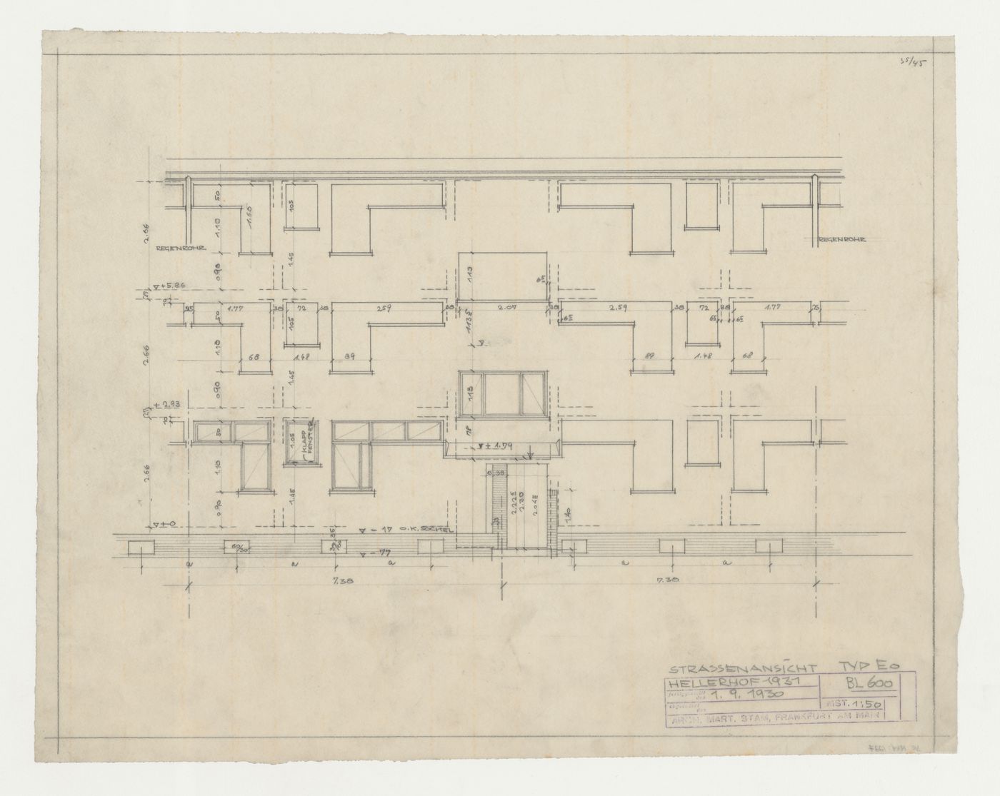 Street elevation for type EO housing units, Hellerhof Housing Estate, Frankfurt am Main, Germany