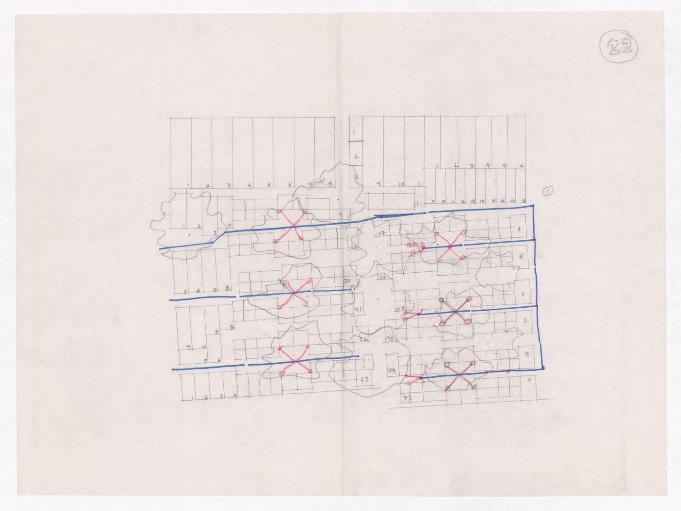 Sketch showing plots layout development for Minimum Cost Housing Group's plot in Aranya township, India, for Aranya Housing Project
