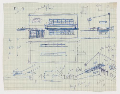 Sketch elevations and sketch perspectives, possibly for De Hoge Veluwe park-keeper's house, including details possibly for a balcony, Otterloo, Netherlands