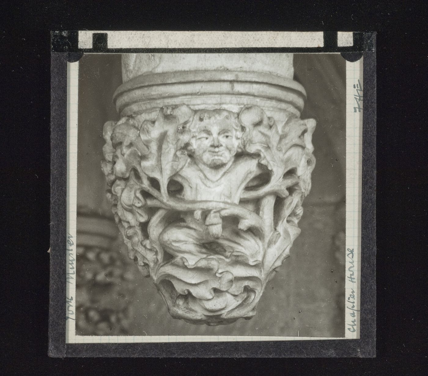 View of pendant with man and naturalistic foliage in Chapter House of York Minster, York, North Yorkshire, England