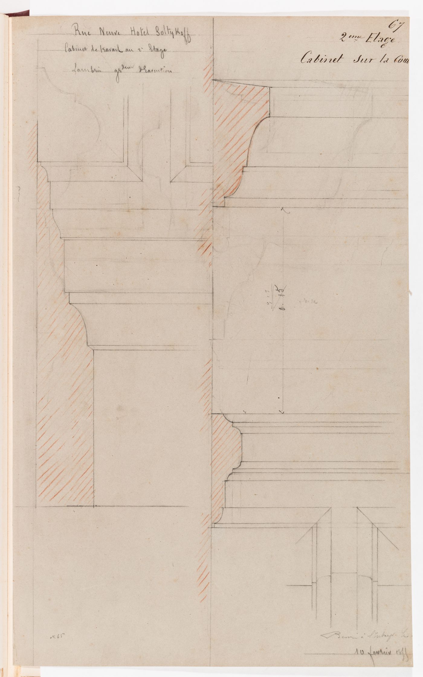 Full-scale profiles and details for the panelling for the "cabinet de travail" or the "cabinet sur la cour" on the second floor, Hôtel Soltykoff