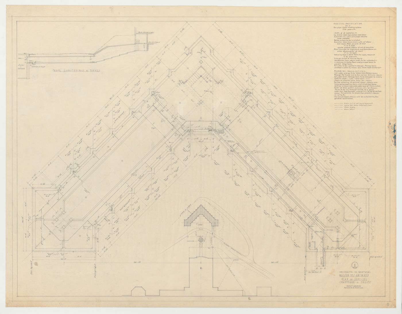 Détails du chauffage et des égouts du sous-sol, Maison des animaux, Université de Montréal, Montréal, Canada (1939-1948)