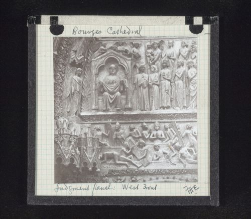 Detail view of Judgment Day panels of west portal of Cathédrale Saint-Etienne de Bourges, Bourges, France