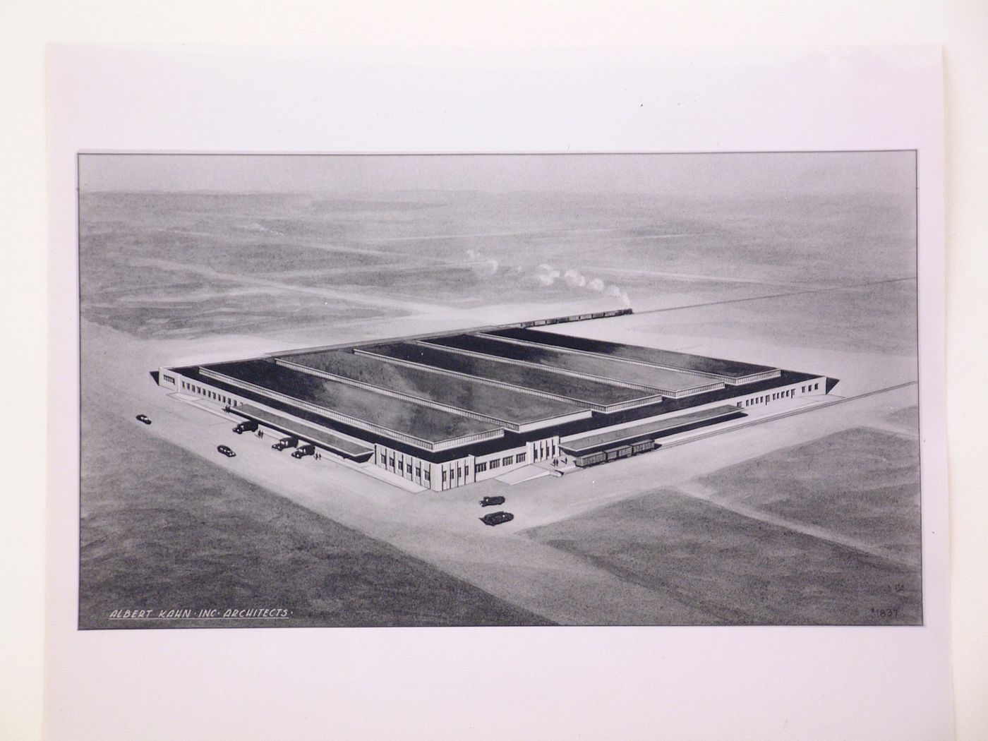 Photograph of an bird's-eye perspective drawing for or of a storehouse, United States Army Base, Duncanville [?], Texas