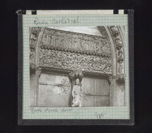 View of sculpture of north porch door of cathedral, Rouen, France