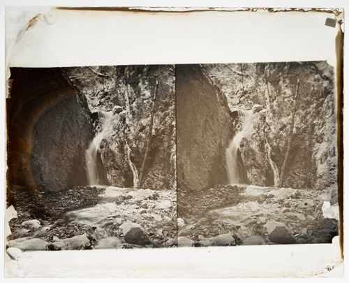 Stereograph of waterfall in Santa Anita Canyon, California, United States of America