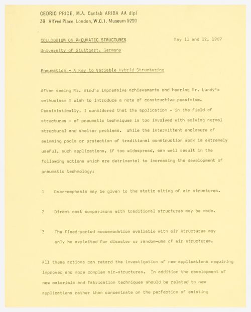 Presentation paper for colloquium on pneumatic structures at the University of Stuttgart, Germany