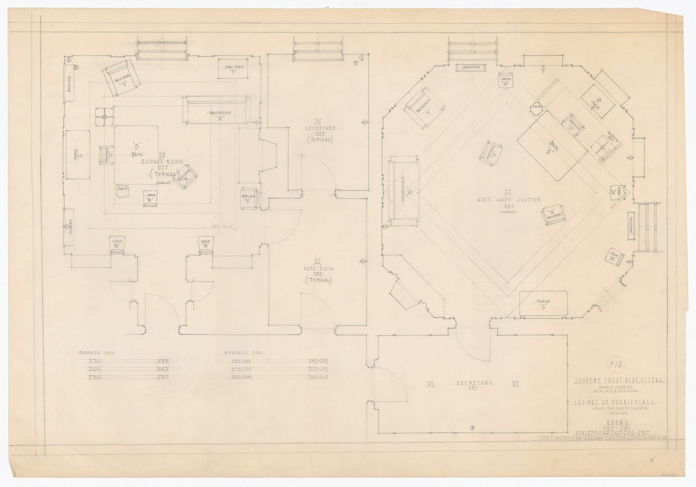 Plan de l'agencement du mobilier de la salle des juges, du bureau de l'assistant du juge en chef et de l'antichambre pour Cour suprême du Canada, Ottawa, Ontario