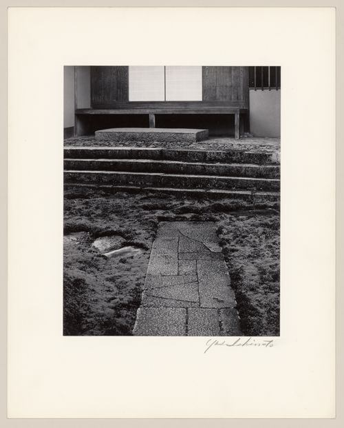 Partial view of the Imperial Carriage Stop (also known as the Entrance Hall) of the Old Shoin showing a doorsill, shoji, steps, paving and stepping stones in the Carriage Stop Garden, Katsura Rikyu (also known as Katsura Imperial Villa), Kyoto, Japan