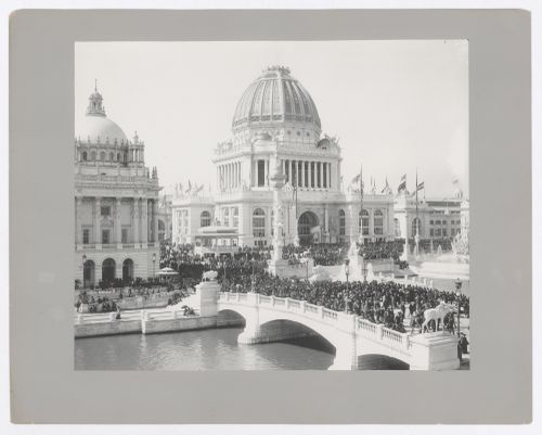 View of Administration Building surrounded by crowds on Chicago Day at 1893 World’s Columbian Exposition, Chicago, Illinois, United States