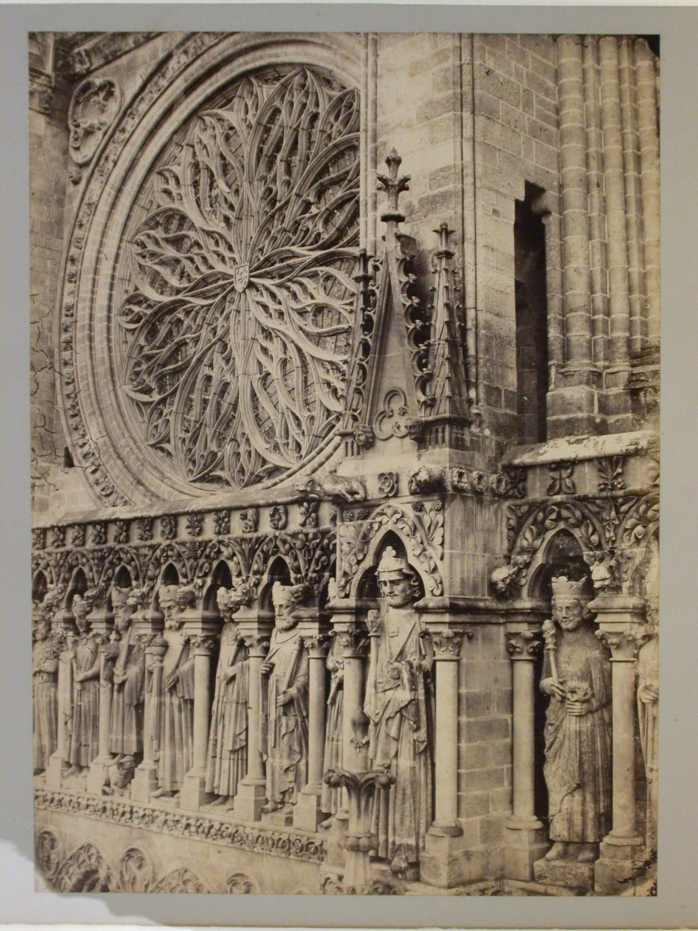 Amiens Cathedral, exterior façade at clerestory level showing rose window, Amiens, France