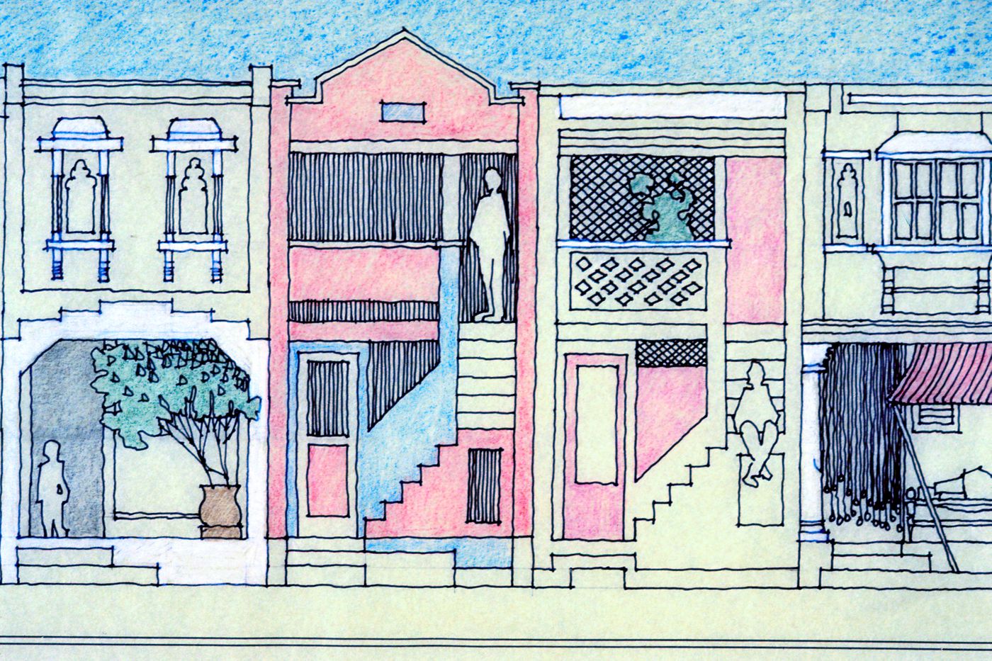 Facade elevations of housing used for the Human Settlement Training Package "Package 1: Planning guidelines"