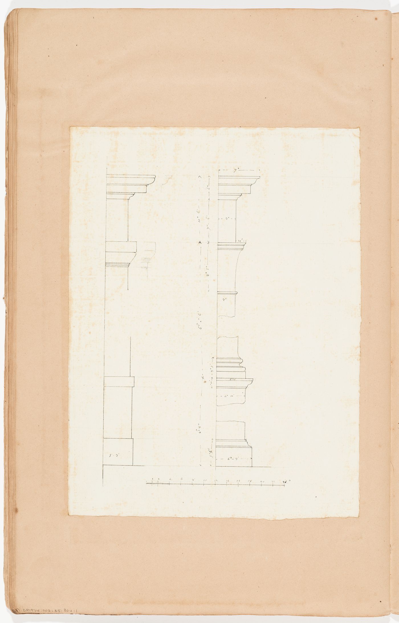 Interior wall elevation with furniture; verso: Details for pilasters