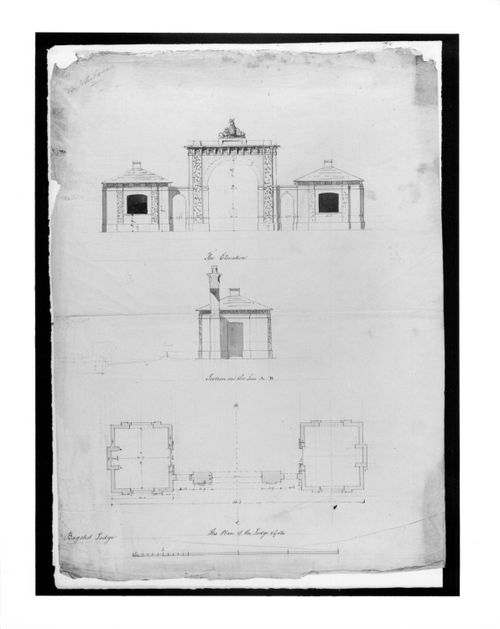 Design for Bagshot Park, Surrey: plan elevation and section for the gate and attached lodges
