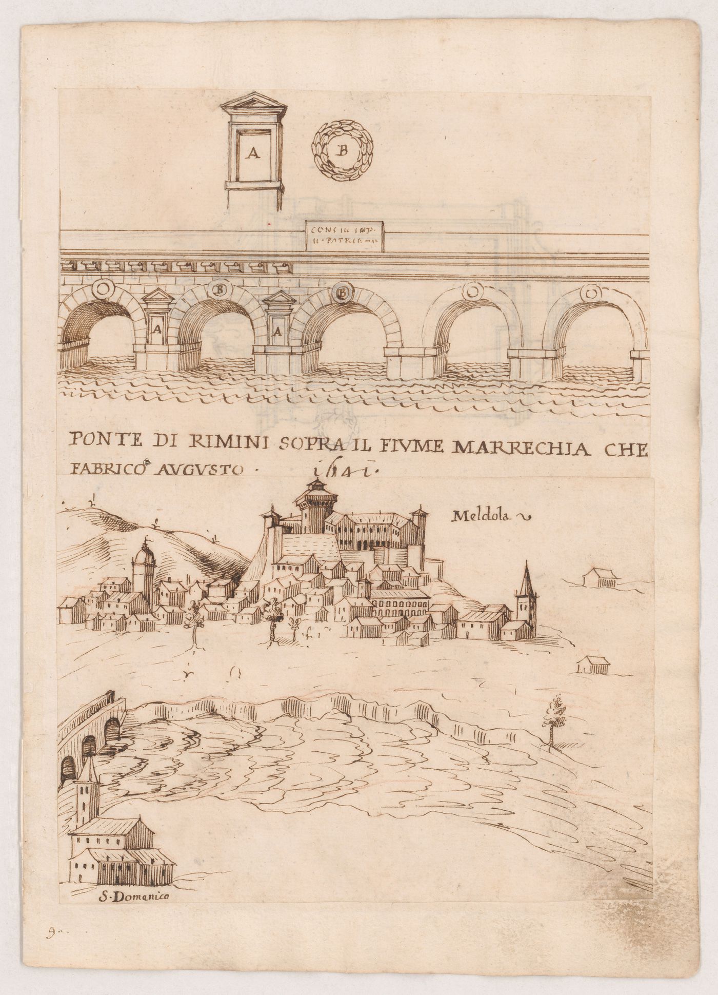 View of the Ponte di Tiberio, Rimini; View of the town of Meldola; verso: View of the town of Trevi from across the Via Romana; View of the Church of Crespino