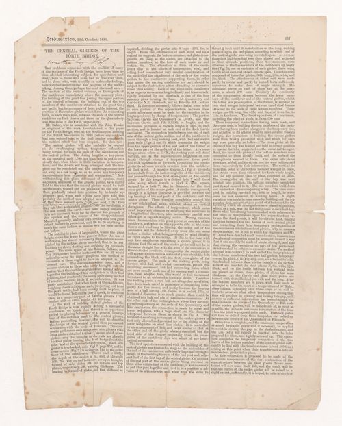 Detached sheet from article 'Industries' on the central girders of the Forth Bridge