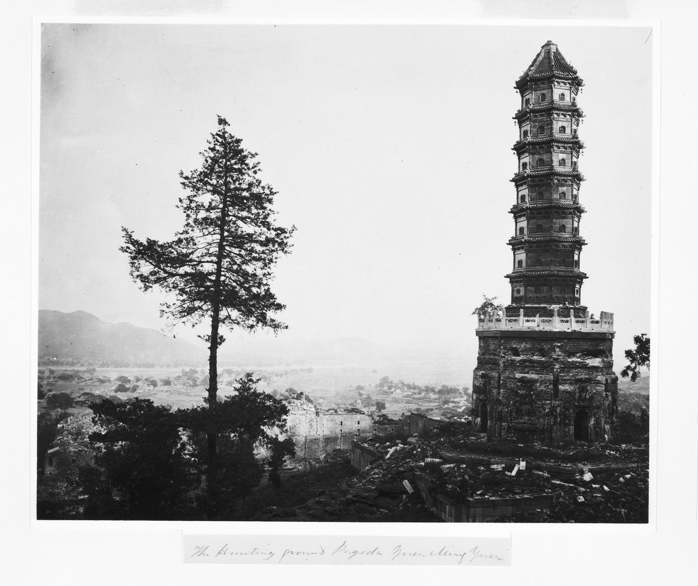 View of the ruins of the Glazed Pagoda [Liuli Ta] in the Fragrant Hill Park [Xiangshan Yuan] near Peking (now Beijing), China