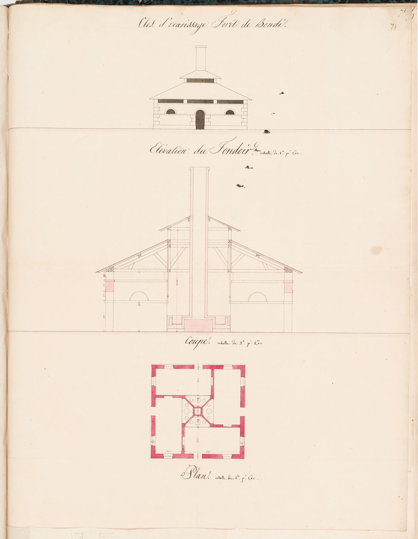 Project for Clos d'équarrissage, fôret de Bondy: Plan, section and elevation for a "fondoir"