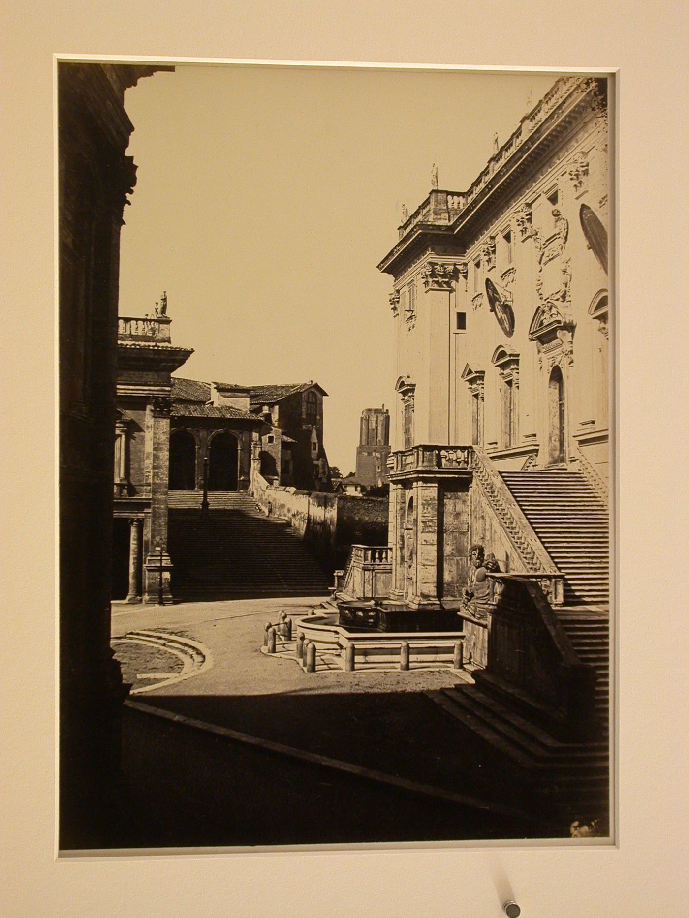 Portion of Piazza del Campidoglio with steps and façade of Palazzo Senatorio, Rome, Italy