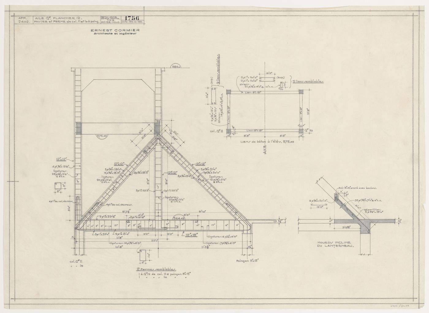 Détails d'un plancher et des poutres de l'aile G, Pavillon principal et campus, Université de Montréal, Montréal, Canada (1924-1947)