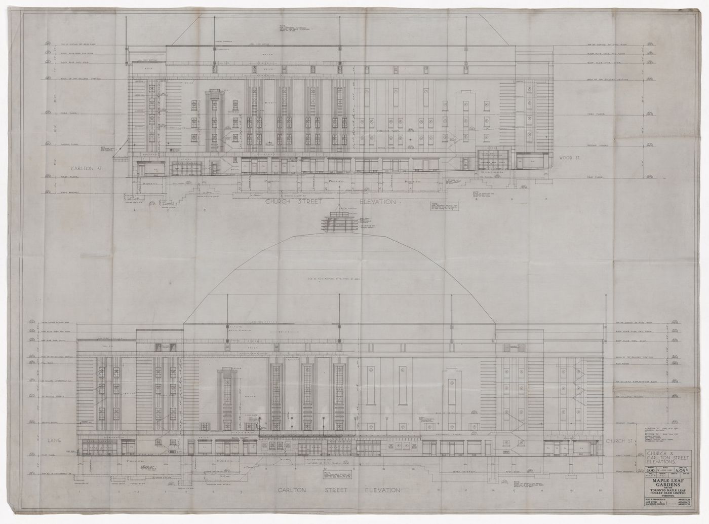 Church and Carlton street elevations for Maple Leaf Gardens, Toronto