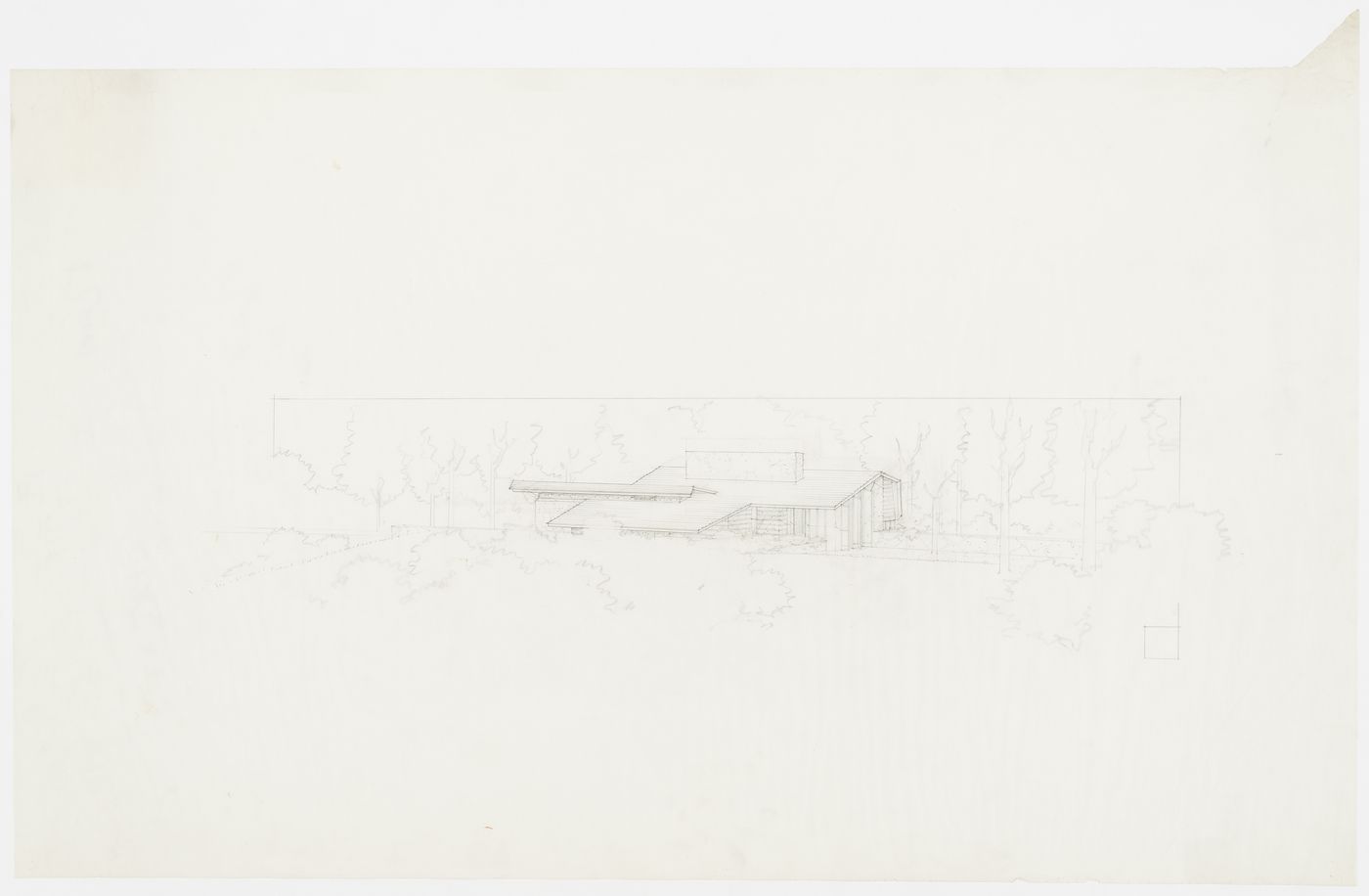 Perspective for the south and east façades for the 1949 design for the Mr. &  Mrs. George Jacobsen House, Hudson, Québec