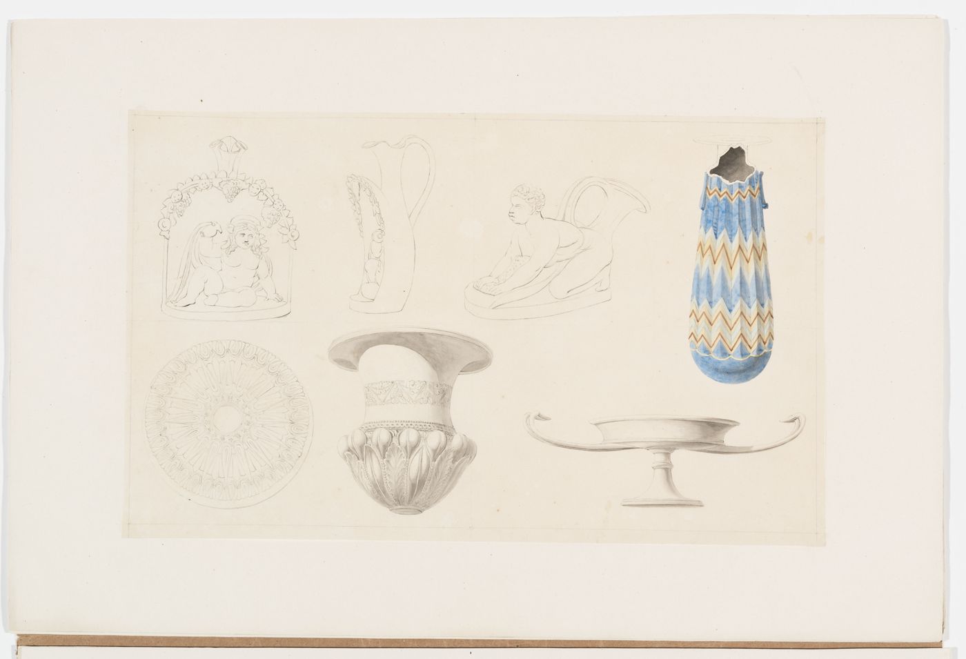 Drawing of two vases decorated with foliage and grotesques, a jug decorated with grotesques, a vase decorated with a geometric pattern, an undecorated kylike, an urn decorated with foliage, and a rosette or the underside of a vase