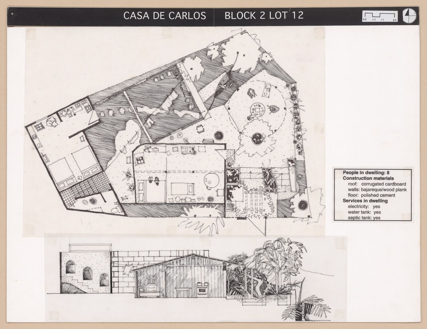 Presentation panel with floor plan and elevation of Casa de Carlos for the Urban Upgrading project La Esperanza, in Zihuatanejo, Mexico