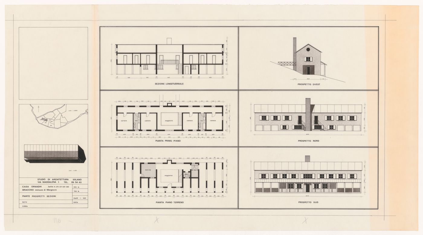 Plans, section, and elevations for Casa Ornaghi, Bracchio, Italy