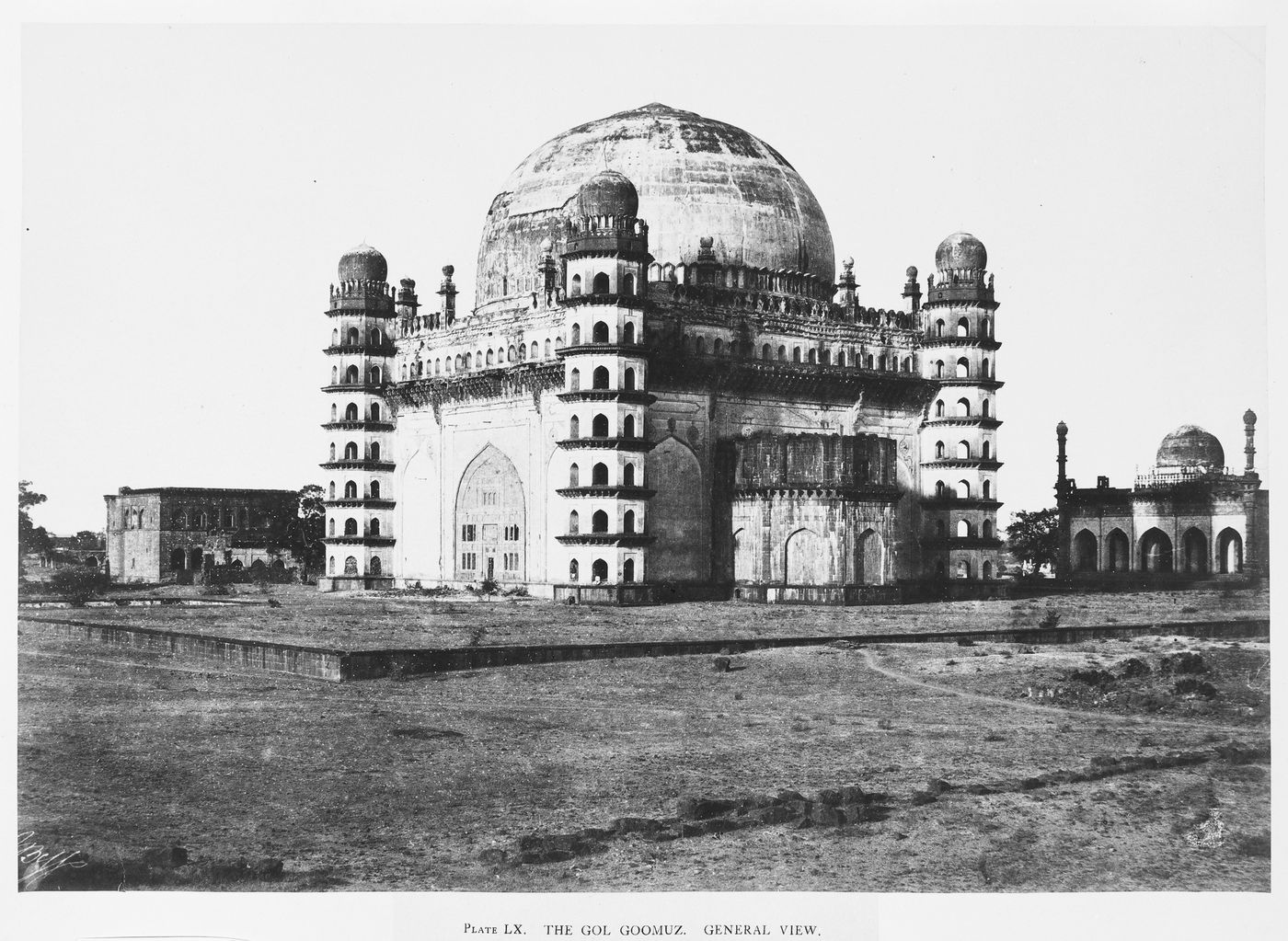 View of the Gol Gumbad showing the gatehouse on the left and the mosque on the right, Beejapore (now Bijapur), India