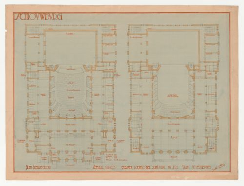 Student presentation drawing showing ground and first floor plans for a theatre, Technische Hogeschool Delft, Netherlands