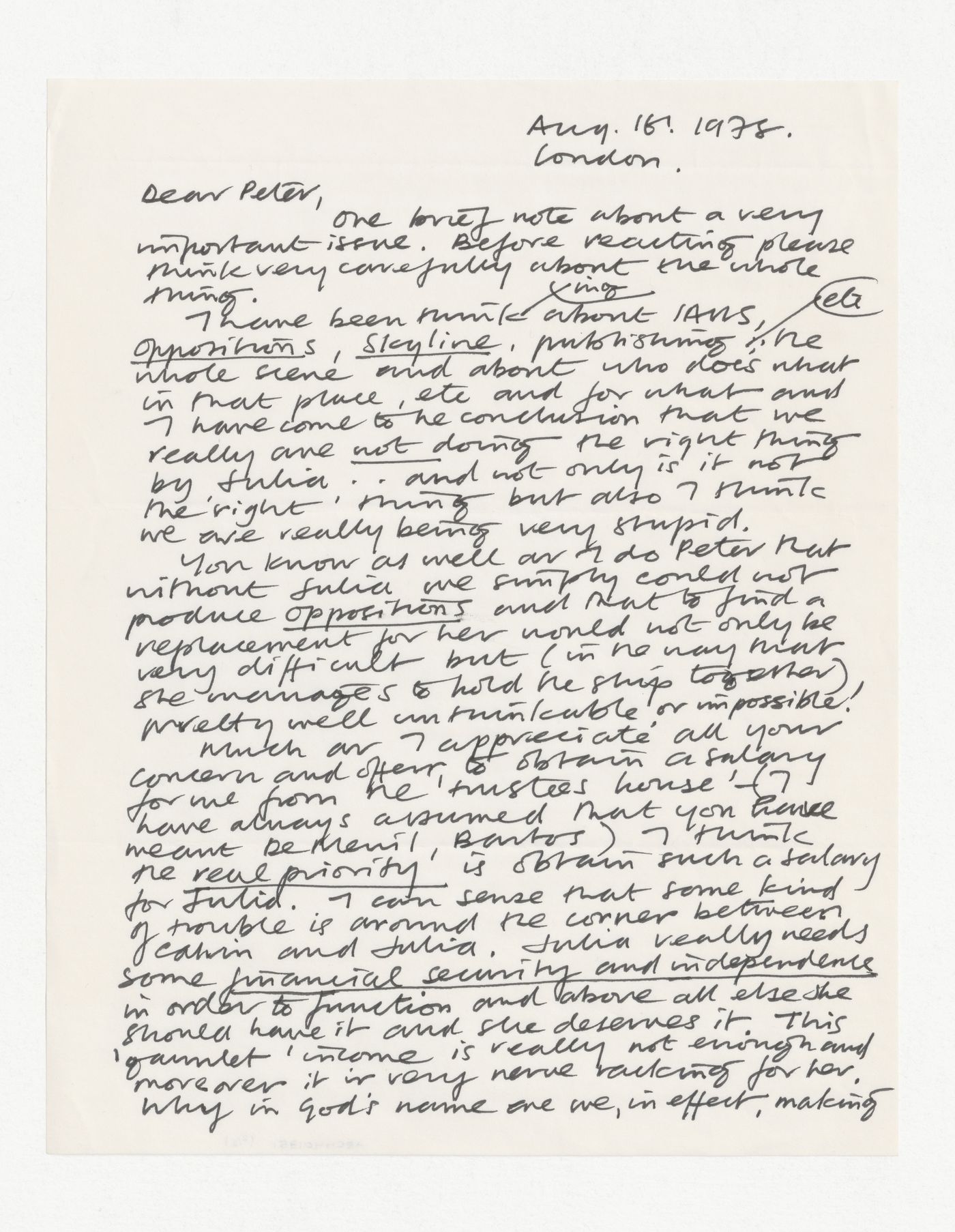 Letter from Kenneth Frampton to Peter D. Eisenman about Julia Bloomfield's role at IAUS