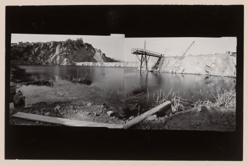 Panoramic composite photograph of the San Rafael Rock Quarry showing a lake, cliff and machinery, Point San Pedro, San Rafael, Marin County, California, United States