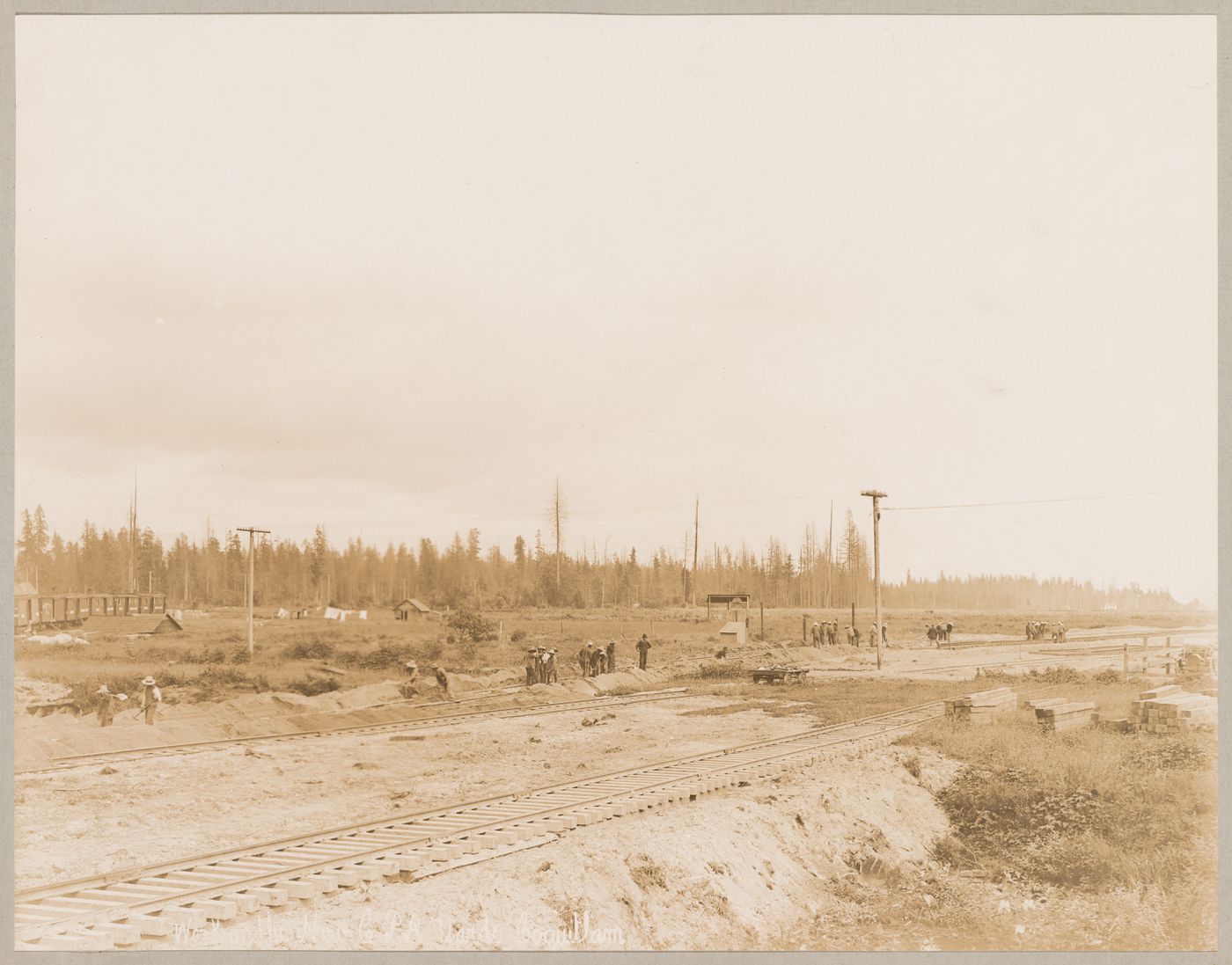 View of the Canadian Pacific Railroad Company freight yards under construction showing workers and train, Coquitlam (now Port Coquitlam), British Columbia