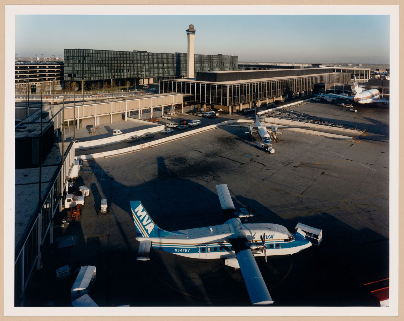 ORD: O’Hare Airfield: O'Hare Hilton (hotel), FAA control tower, and Terminal 2 from operations tower, O'Hare International Airport, Chicago, Illinois