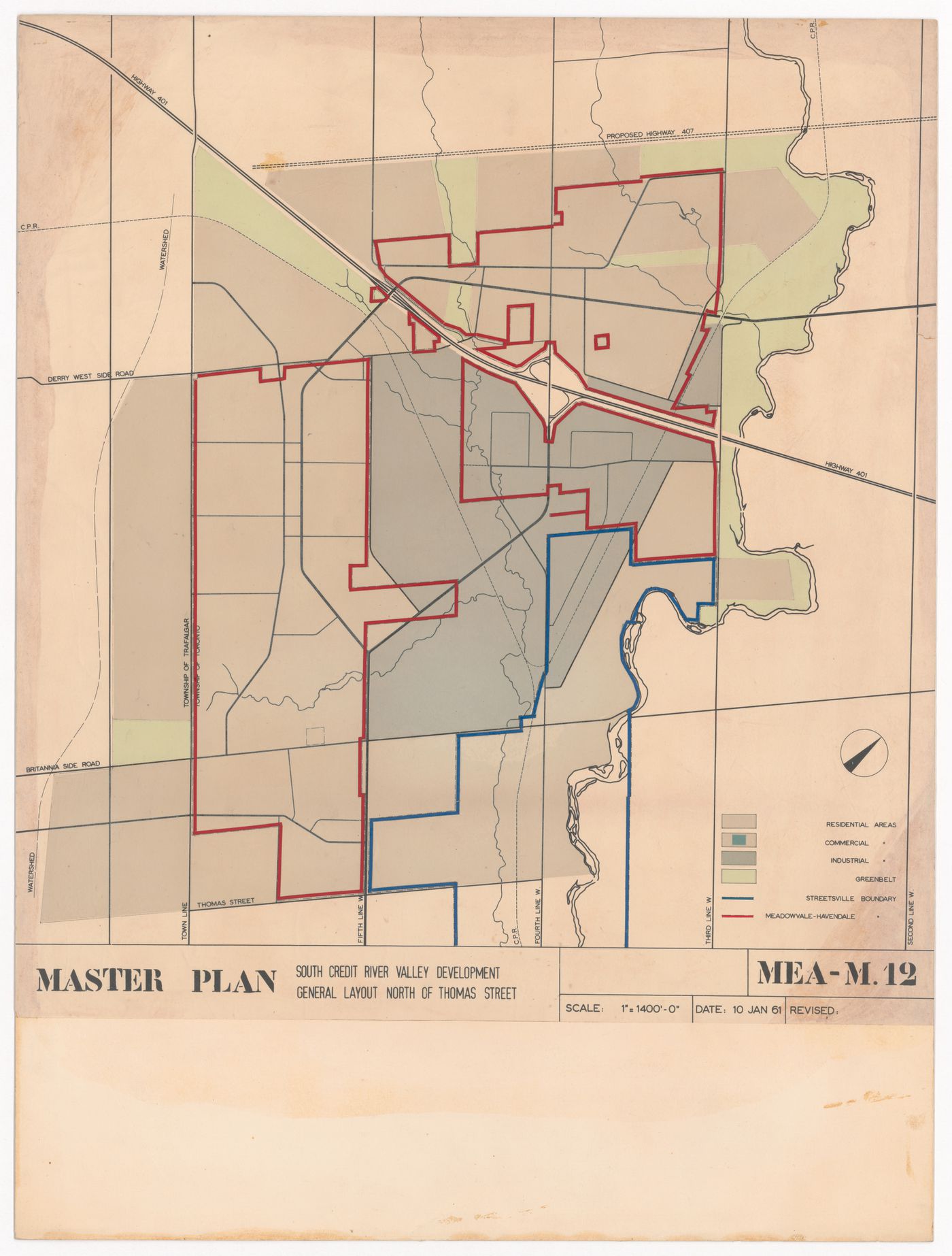 Presentation site map for Meadowvale, Mississauga, Ontario, Canada; verso: plans and elevation