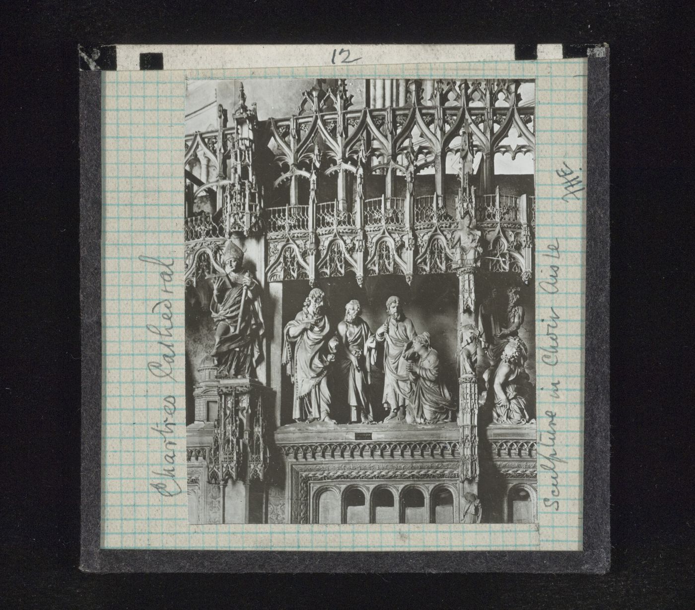 View of sculpture of choir aisle of Cathédrale de Chartres to west, Chartres, Eure-et-Loir, France