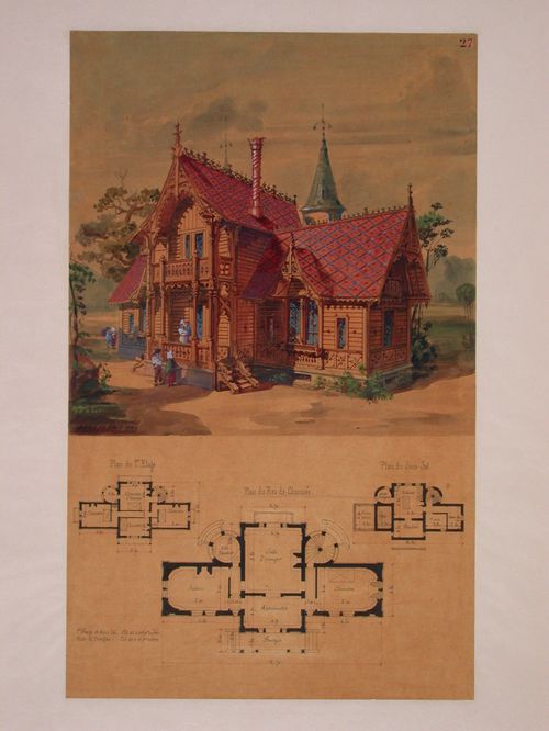 Rendered elevation and plans for a country house in a French revival style