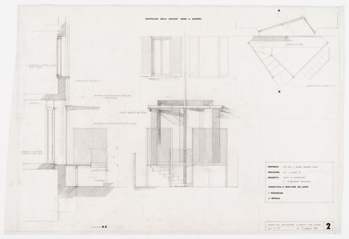 Section, elevation and plan of the garden façade for Casa Frea, Milan, Italy